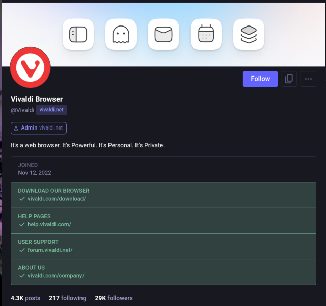 Vivaldi on Mastodon Main Page