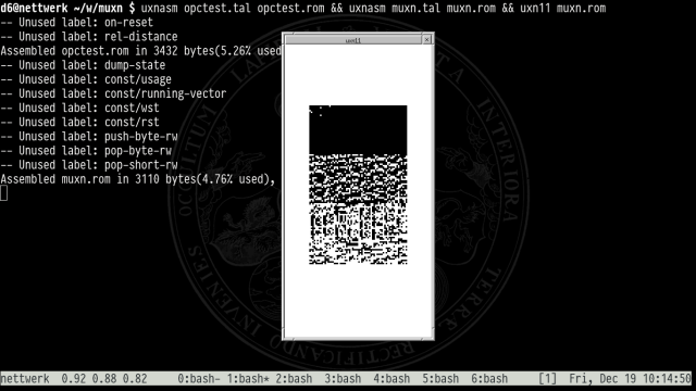 screenshot of muxn.rom attempting to run catclock.rom. it's a garbled, glitchy mess (but the window is the right size at least!)