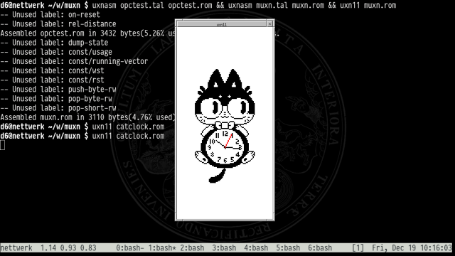 screenshot showing catclock.rom, which is a cute pixel art clock in the shape of a cat