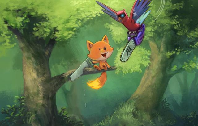 A digital painting illustration: A little Firefox mascot sits on a branch that he is cutting with a saw. He smiles at an AI cyber parrot that is bringing him a chainsaw. 