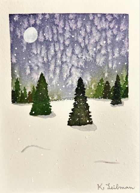 A small watercolor painting of a snowy winter night: evergreen trees scattered across a white field beneath a star-filled, clouded sky, with snow falling and a pale full moon glowing overhead. The artist’s signature, “K. Leibman,” appears at the bottom right. 