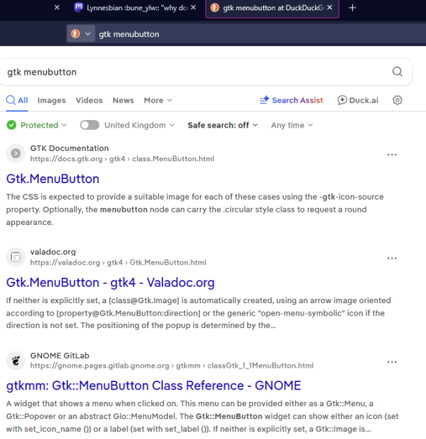 Search results for gtk menubar from DuckDuckGo, showing only GTK4 results, no GTK3 results