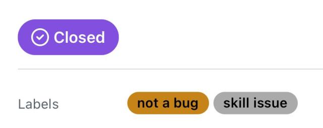 Closed GitHub issue with labels “not a bug” and “skill issue”.