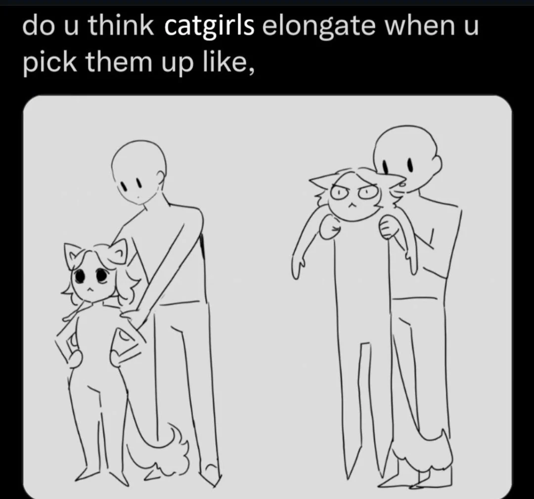 catgirl being lifted up by the shoulders, the catgirl stretches like a cat. the caption is "do u think catgirls elongate when u pick them up like,"