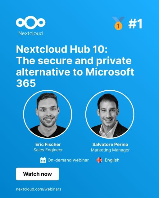 Card with title and details of the most popular Nextcloud webinar in 2025: “Nextcloud Hub vs Microsoft 365 Taking control of your organization’s data”