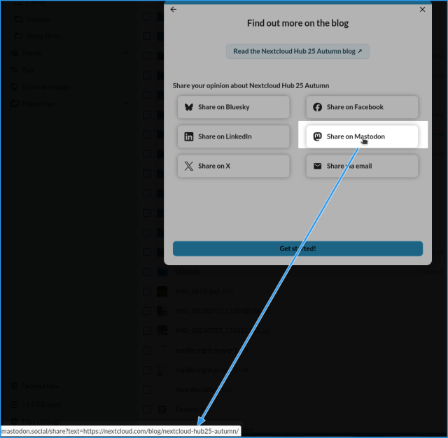 screenshot of a popup offering various 'share' buttons. There's buttons to bluesky, facebook, linkedin, x, email and the cursor is pointing to Mastodon. An arrow goes from the Mastodon share button to the URL it's going to go to which is a mastodon.social URL.