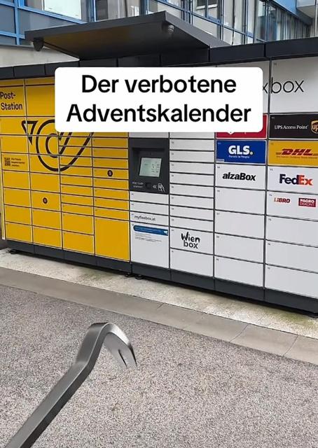 Photo of a parcel locker with a crowbar visible in the frame, caption "Der verbotene Adventskalender" (the forbidden Advent Calendar)