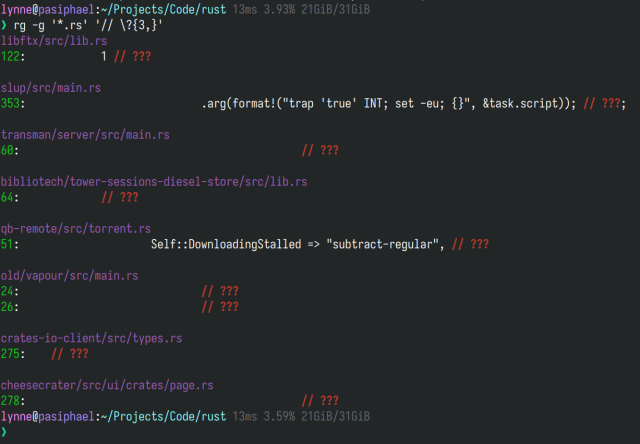 a ripgrep search for comments in my project's rust files that consist solely of three question marks. there are nine matches.