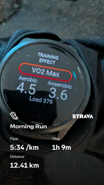Garmin watch showing VO2Max training effect. Pace 5:34 /km Time: 1h 9m Distance/: 12.41 km
