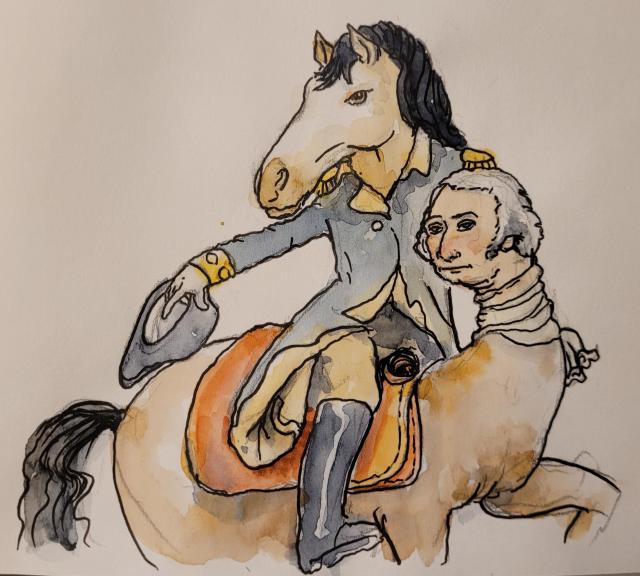 Watercolor drawing of George Washington on horseback based on the original 1824 painting by Rembrandt Peale, except the horse and George have swapped heads.