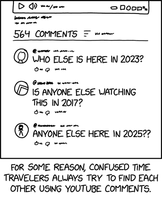 A black-and-white, hand-drawn comic panel showing a YouTube page. At the top is a video player bar with a play button and volume icon on the left and a row of small buttons on the right. Below it is a header that says “564 comments,” with a small three-line menu icon beside it.

Three comments are shown, each with a circular profile icon on the left and a scribbled-out username line above the comment text:

First comment: “Who else is here in 2023?”
Second comment: “Is anyone else watching this in 2017?”
Third comment: “Anyone else here in 2025??”

Under each comment are tiny scribbles and small icons suggesting likes/replies.

Beneath the panel is a caption: “For some reason, confused time travelers always try to find each other using YouTube comments.”

Hidden text: "Anyone else watching this Youtube video in 1954? If so, my last trip definitely messed with the timeline."