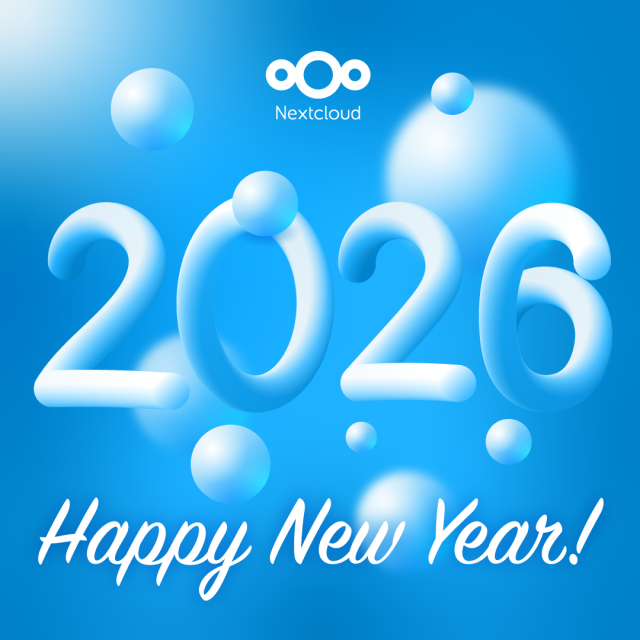 Branded Nextcloud greetings card: "Happy New Year! 2026"