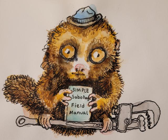 A wide-eyed fuzzy primate like a loris holding a copy of the Simple Sabotage Field Manual in its hands and an adjustable wrench commonly called a "monkey wrench" with its feet. It's got a little blue hat on it's head. 