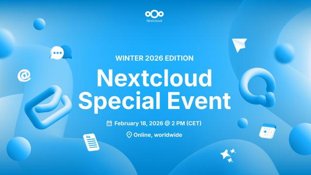 Featured image for the Nextcloud Special Event Winter 2026 Edition, featuring the title, date, and location: 18 February at 2PM (CET), online livestream