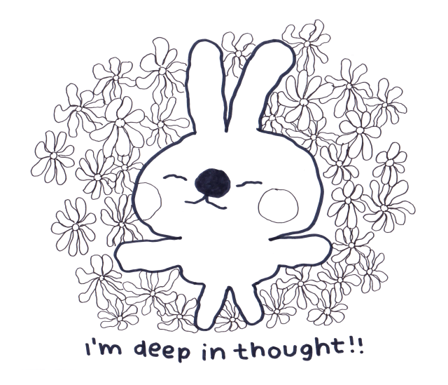 A smiling bunny closes its eyes among many flowers. Text reads: "I'm deep in thought!!"