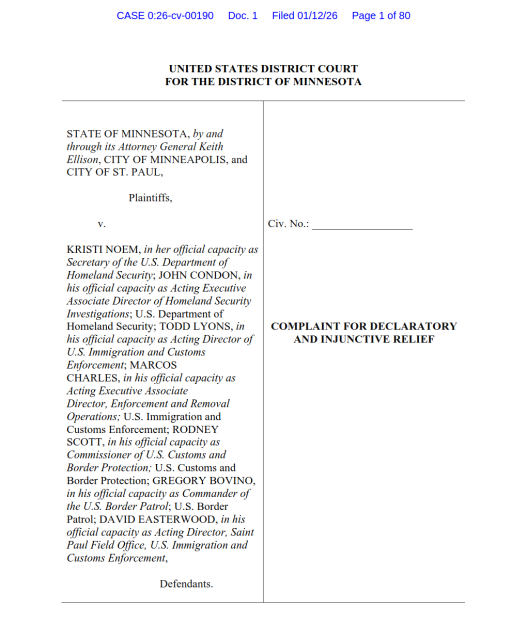 Front page of a PDF filing: State of Minnesota v. Kristi Noem, et.al.
