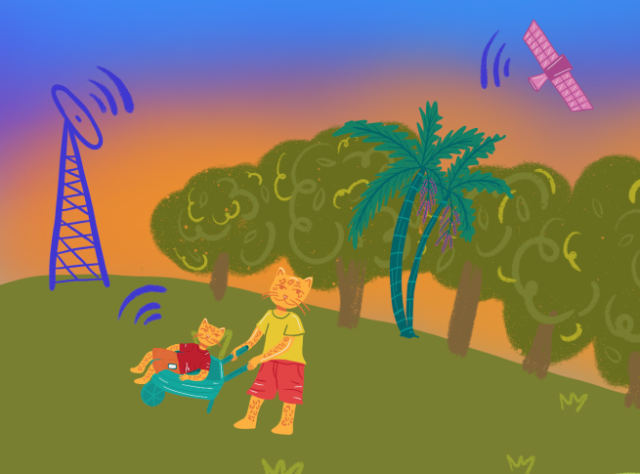 Illustration of a caregiver pushing a child in a wheelbarrow in a rural landscape, with a radio tower and satellite symbolizing connectivity in nature.