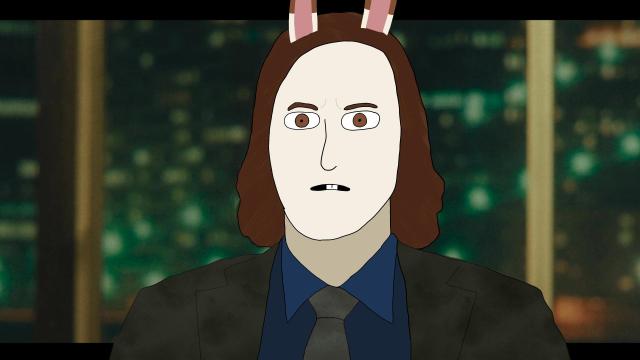 a screenshot(?) from an FMV sequence in the game Alan wake 2. i have traced over it to redraw Alan as my rabbit character fursona thing