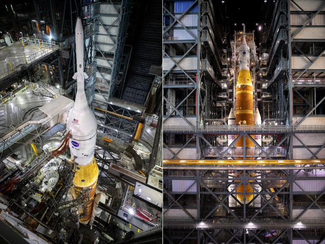 2 pics from inside the VAB at KSC with Artemis II Platforms Retracted

All work platforms are retracted from around NASA’s Artemis II SLS (Space Launch System) rocket and Orion spacecraft, secured to the mobile launcher, inside the Vehicle Assembly Building on Friday, Jan. 16, 2026, in preparation for rollout to Launch Complex 39B at NASA’s Kennedy Space Center in Florida. 

Date Created:2026-01-16
Photographer:NASA/Kim Shiflett