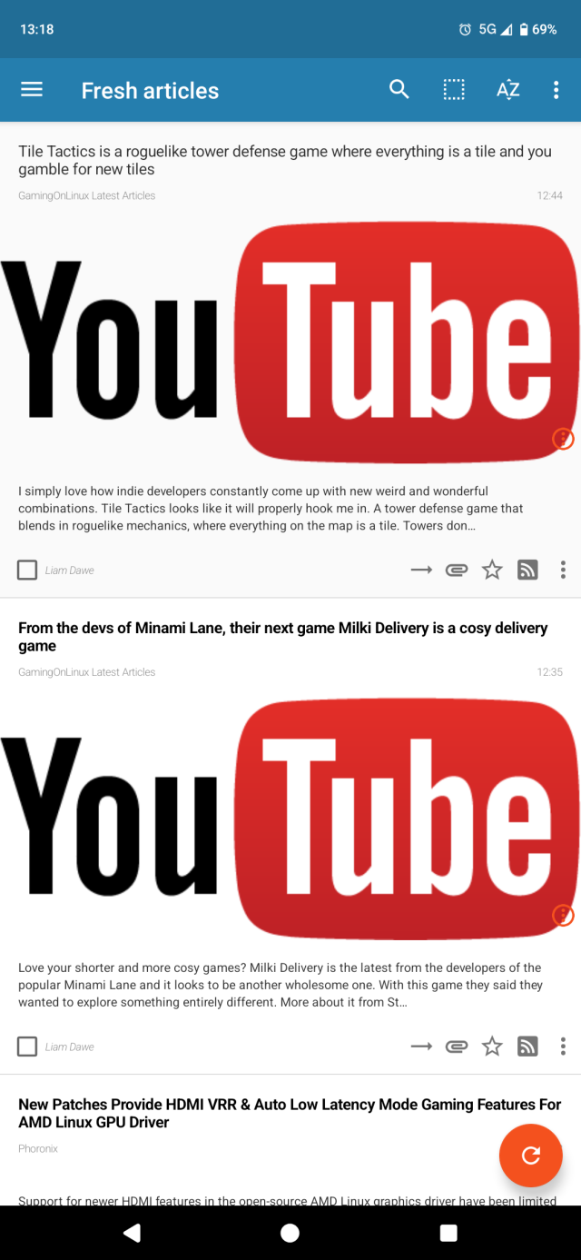 RSS feed showing two gaming on linux posts with the thumbnail being the YouTube logo, instead of the game logo that is being discussed.