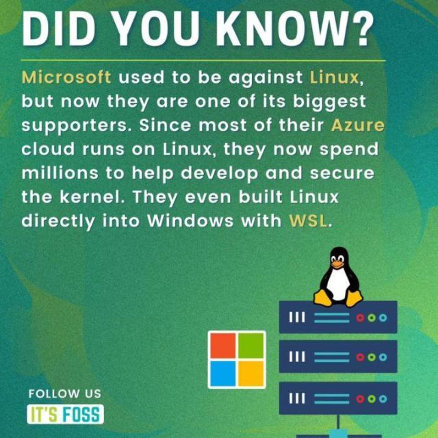 DID YOU KNOW?

Microsoft used to be against Linux, but now they are one of its biggest supporters. Since most of their Azure cloud runs on Linux, they now spend millions to help develop and secure the kernel. They even built Linux directly into Windows with WSL.

FOLLOW US
IT’S FOSS