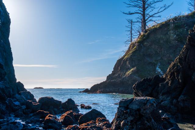 Looking over rocks toward the sea. [Fuji X-T5 / Fuji 35 1.4]