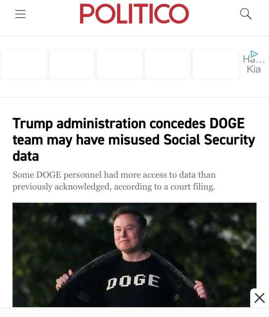 Image features a man wearing a black shirt with "DOGE" printed on it, standing outside in a relaxed pose. The text above discusses the Trump administration's acknowledgment of potential misuse of Social Security data by the DOGE team.