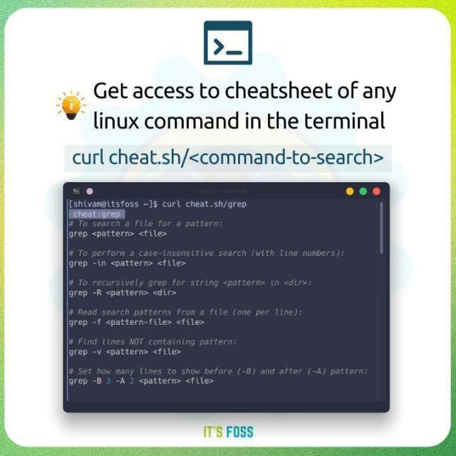 Get access to the cheatsheet of any linux command in the terminal:

curl cheat.sh/<command-to-search>

Picture of a terminal showing the output below.