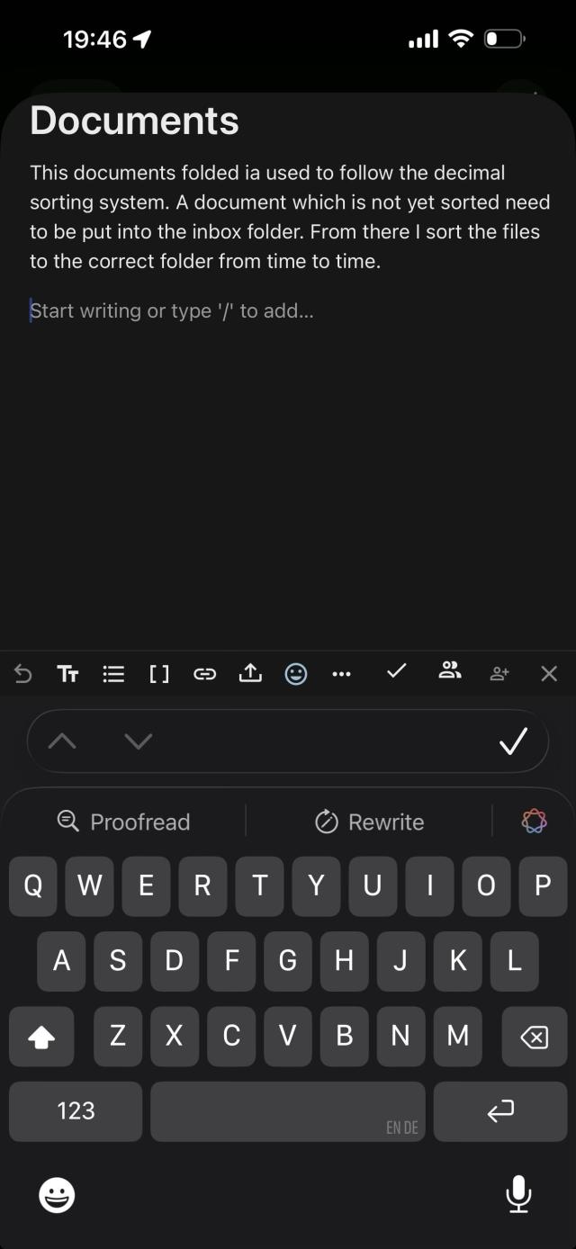 A screenshot of a note-taking app displaying a document titled "Documents." The text discusses following a decimal sorting system for organizing files into an inbox folder and mentions sorting them into the correct folders periodically. At the bottom, there is a prompt to start writing