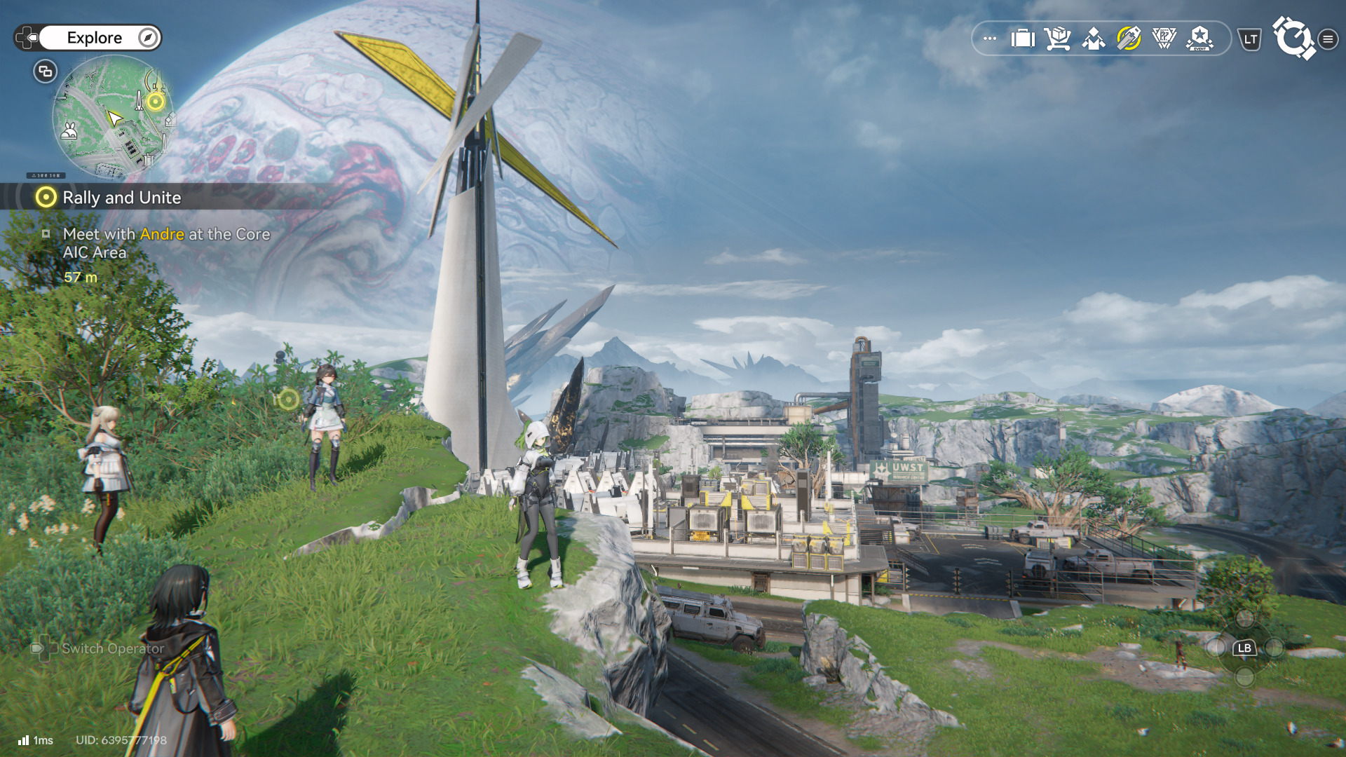 Screenshot of Arknights Endfield with the player squad standing on a cliff overlooking the valley bellow with a gas giant in the sky