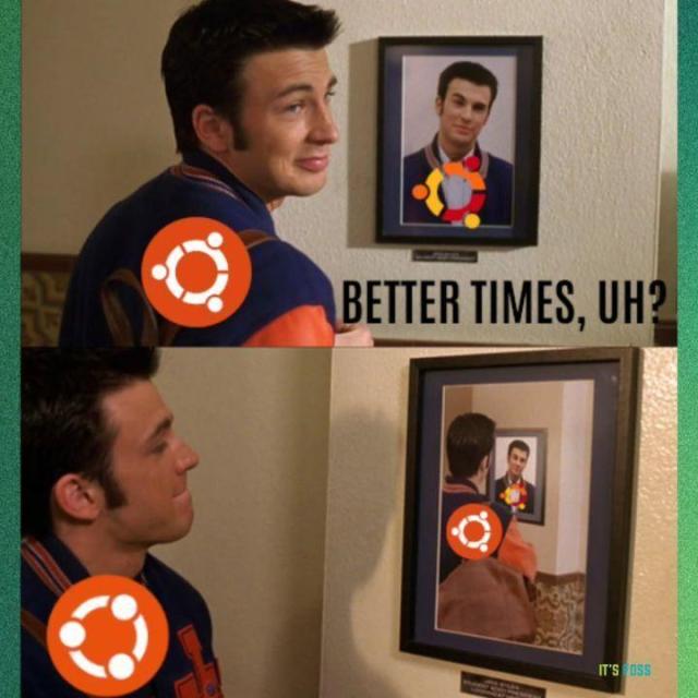 The first slide shows a cocky-looking handsome man with an older Ubuntu logo on his jacket ooking at an older picture of his with an even older Ubuntu logo, saying "Better Times, huh?"

The second slide shows the same man but with the current Ubuntu logo, with his lips shut.

The man pictured here is Chris Evans.