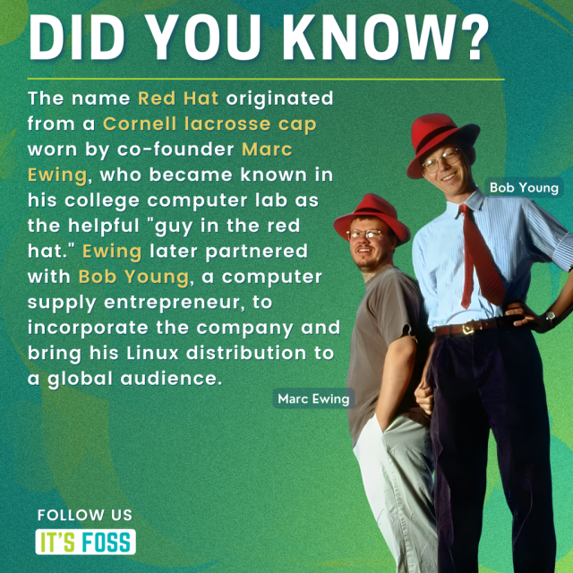 DID YOU KNOW?

The name Red Hat originated from a Cornell lacrosse cap worn by co-founder Marc Ewing, who became known in his college computer lab as the helpful “guy in the red hat.” Ewing later partnered with Bob Young, a computer supply entrepreneur, to incorporate the company and bring his Linux distribution to a global audience.

There is a picture of Marc and Bob standing side-by-side donning red hats in some rad af anime pose on the right.