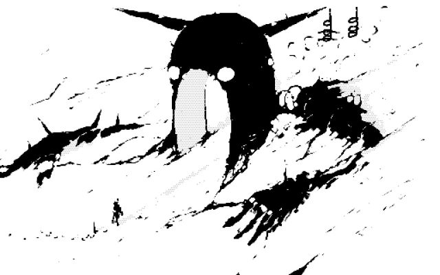 A small character walking to a statue humming the second bar of Suite in B-Flat Major, HWV 434: I. Prelude