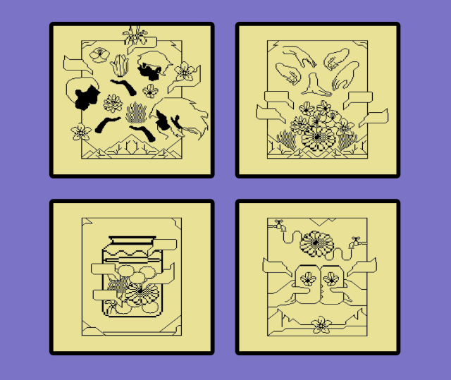Four teletext illustrations by Raquel Meyers that show the four cyclic stages of the score/recipe/guide: brew the base; add the starter; let it ferment; pour and share.