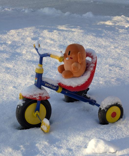 Viewed from the side, an orange Mastodon plush sits on a colorful kids tricycle, surrounded by snow