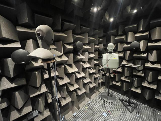 two head and torso simulators (vaguely human shaped dummies with mouth slits but mostly no other face) in an anechoic chamvet. All sides of the room are covered in black foam triangles, the floor has grating over it to walk on