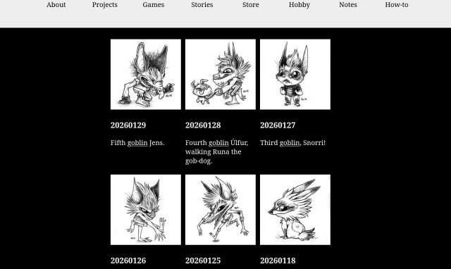 a screenshot of the image feed on my website, showing my latest drawings. All the drawings are dated, with a short description and link to a project page(if any).