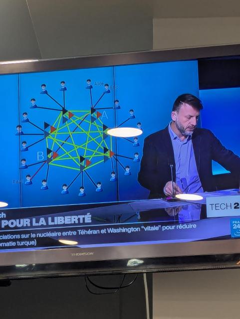A news broadcast showing a decentralized network of peertube servers