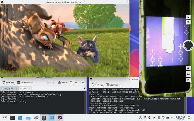 Accelerated video decoding with mpv (plays Big Buck Bunny) and back camera using megapixels