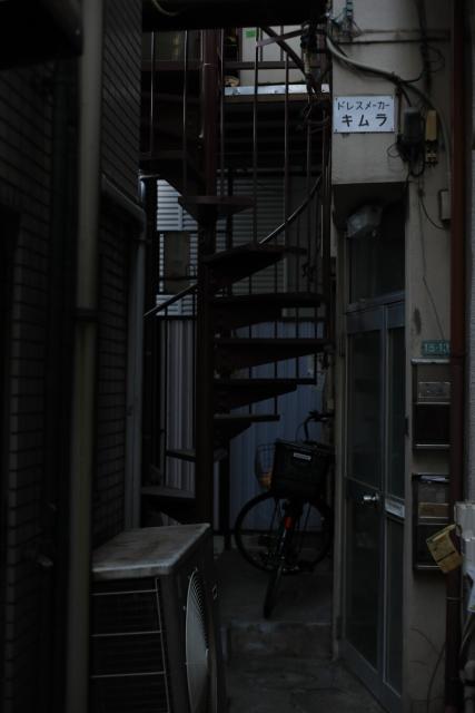 A dimly lit corridor between buildings.
A spiral staircase stretches upward, and a bicycle leans against a wall filled with mailboxes and signs.