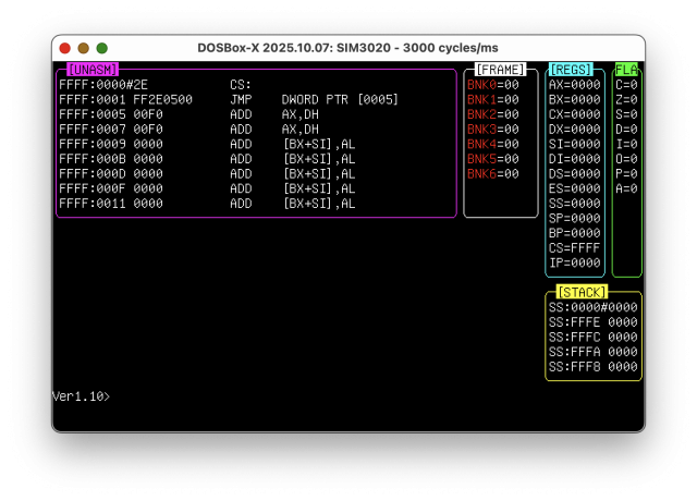 Dosbox-x screenshot in Japanese / PC-98 Mode. SIM3020 version 1.10 running, showing the list of registers, the stack, and the debugger prompt