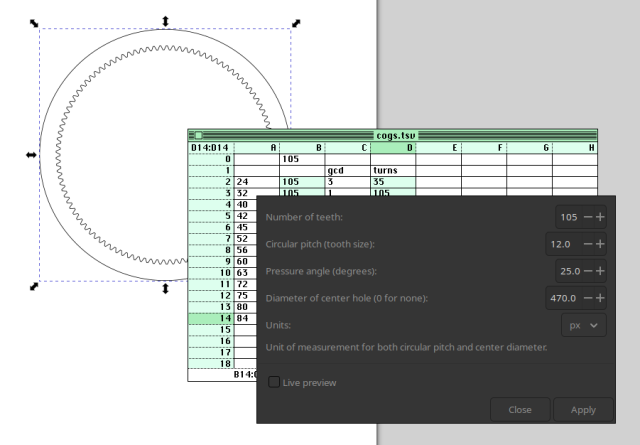 The cog creation menu lets you set the number of teeth and their sizes.