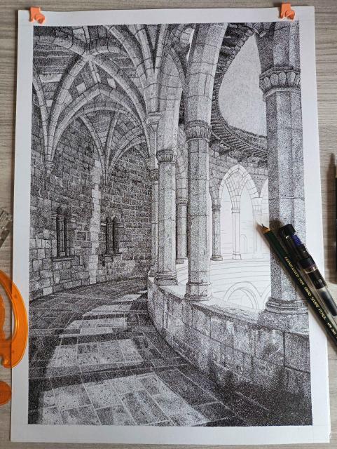 A black and white dotwork image of a corridor in a circular castle, with columns on the right looking out into an open space.