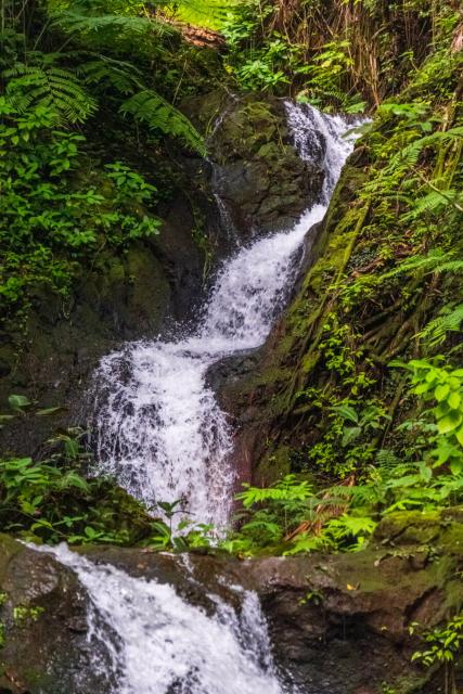 A slightly shorter waterfall runs down through greenery toward the camera. [Fuji X-T5 / Tamron 18-300]