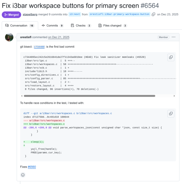 GitHub PR i3#6564, where Orestis explains how he tested the patch.
