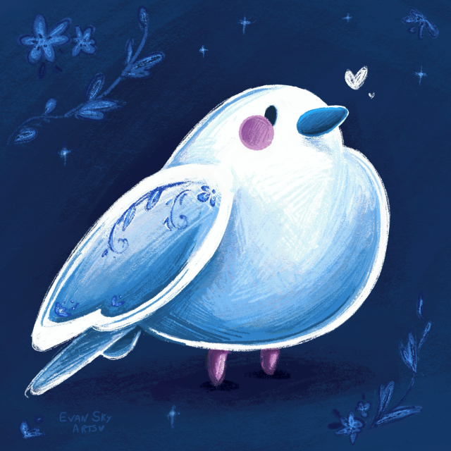 Square digital illustration featuring a round wire bird shaded with blue with pink cheeks and feet. Porcelain-style plants decorate its wing. It is standing in front of a deep blue background decorated with similar patterns.
