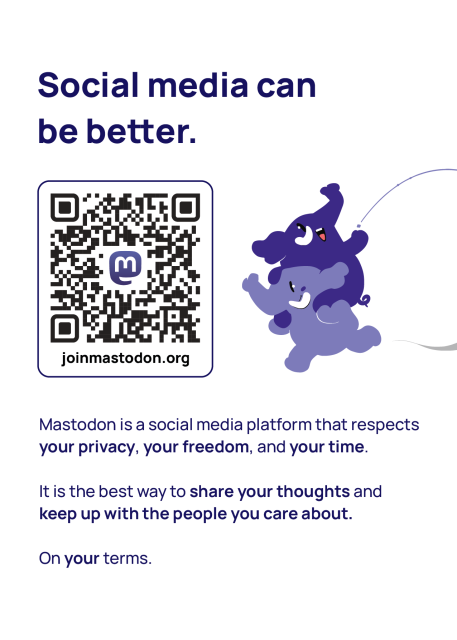 A version of the same Mastodon poster linked to above, but with dark purple text on a white background, rather than a purple background.
