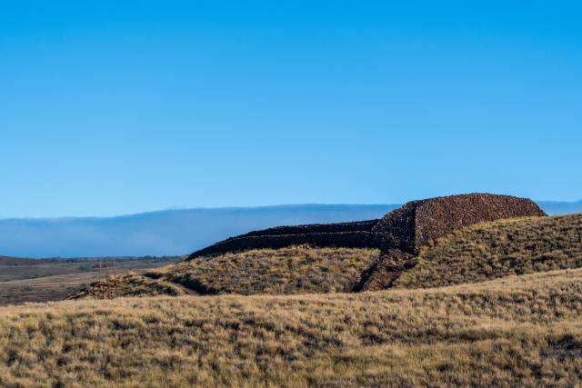The remains of a stone structure stand on golden grass. [Fuji X-T5 / Tamron 18-300]