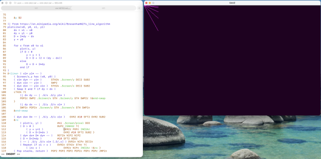 Screenshot of two windows open on a desktop: the left is an editor with Uxn code; the right is the output of the code showing some purple lines on a black background. 
