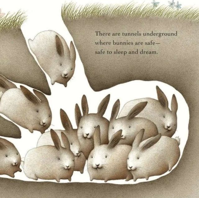 A drawing of stylized bunnies congregating underground subtitled "There are tunnels underground where bunnies are safe - safe to sleep and dream."
